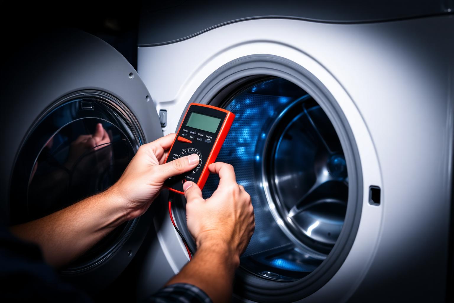 Técnico reparando una lavadora en domicilio